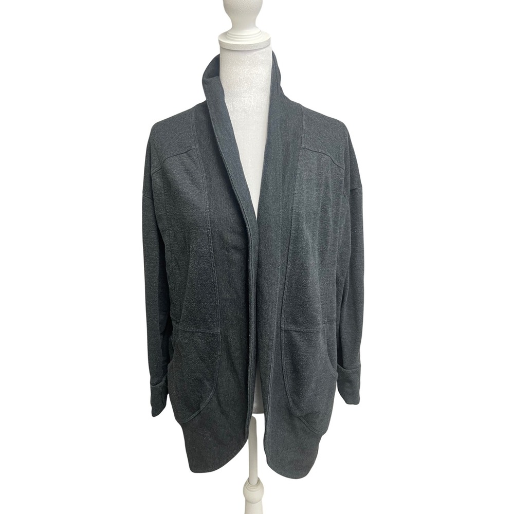 Eddie Bauer Cardigan Women Sz M Gray Fleece Open Front Shawl Collar Pockets